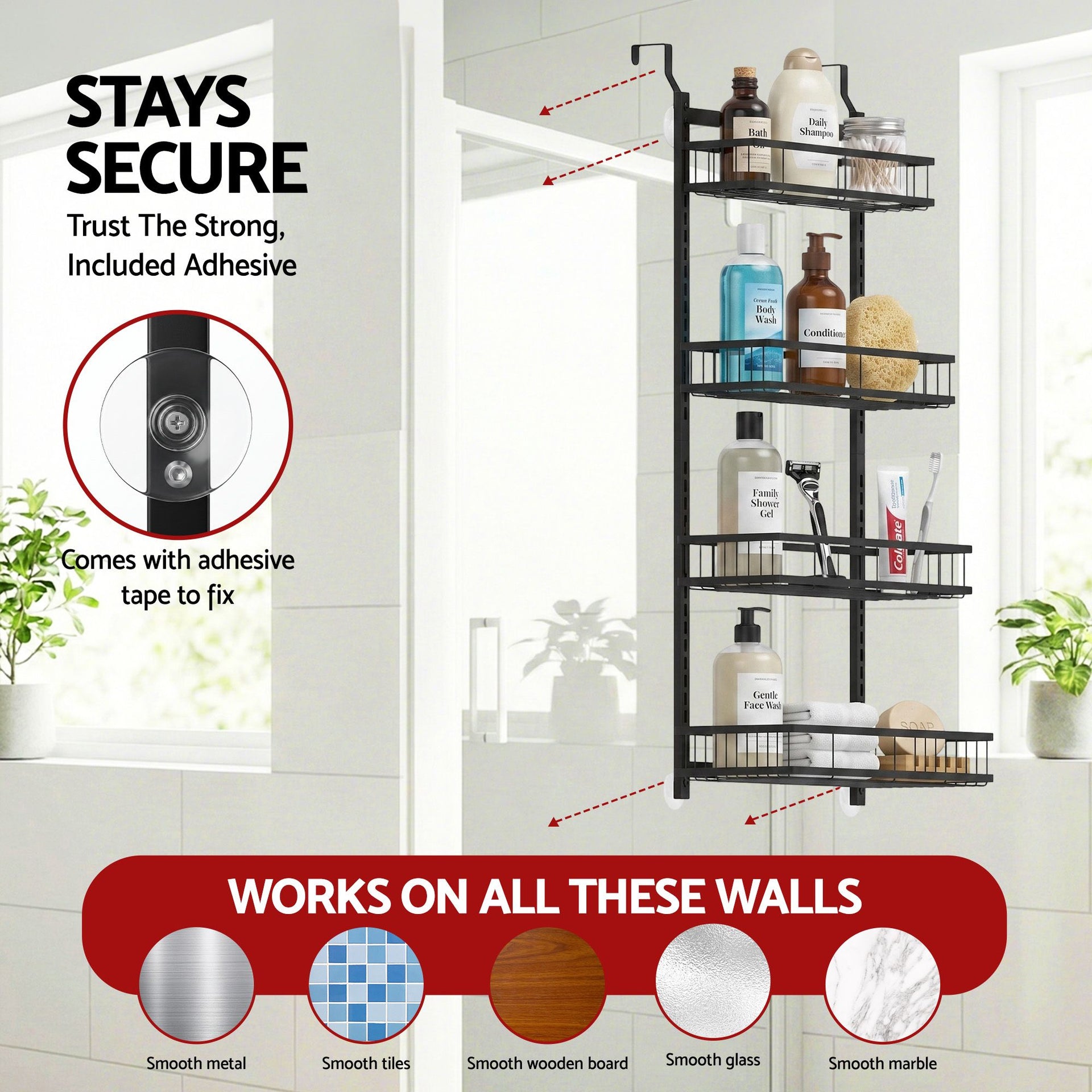Artiss Over Door Bathroom Rack Hanging Organiser 4 Tier No Drill 91cm Black Awezingly