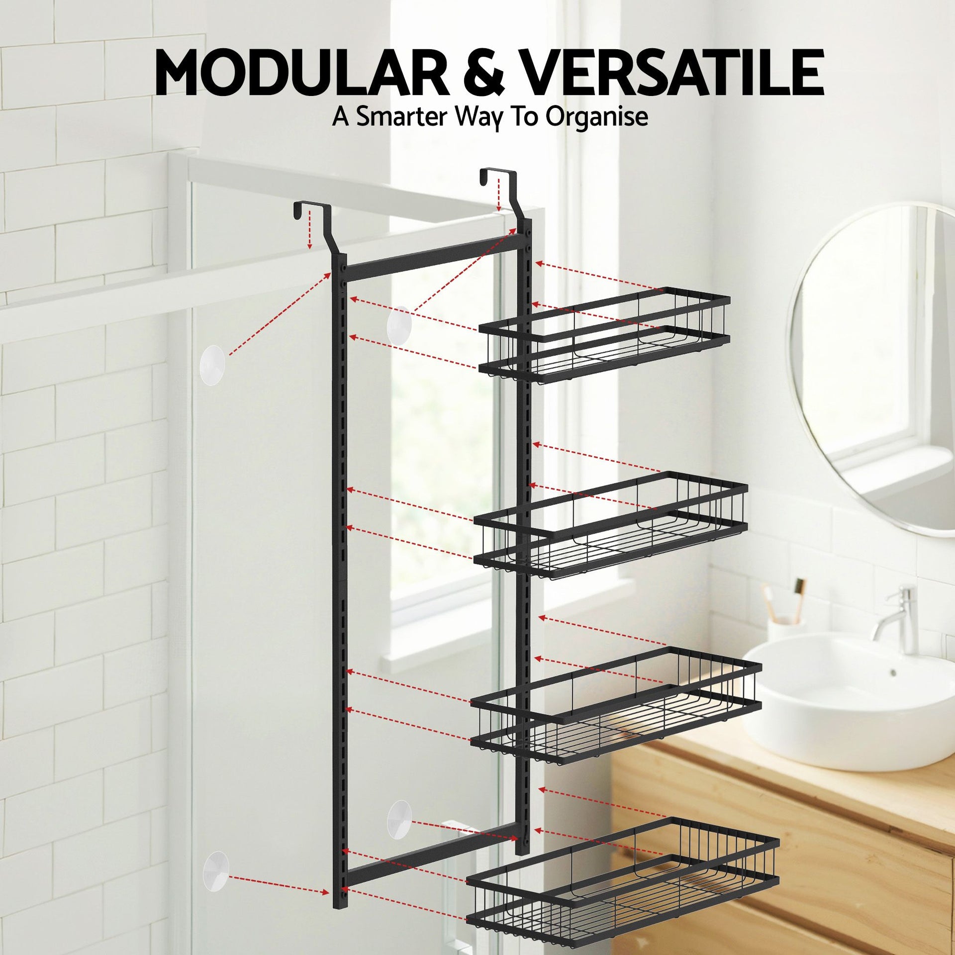 Artiss Over Door Bathroom Rack Hanging Organiser 4 Tier No Drill 91cm Black Awezingly