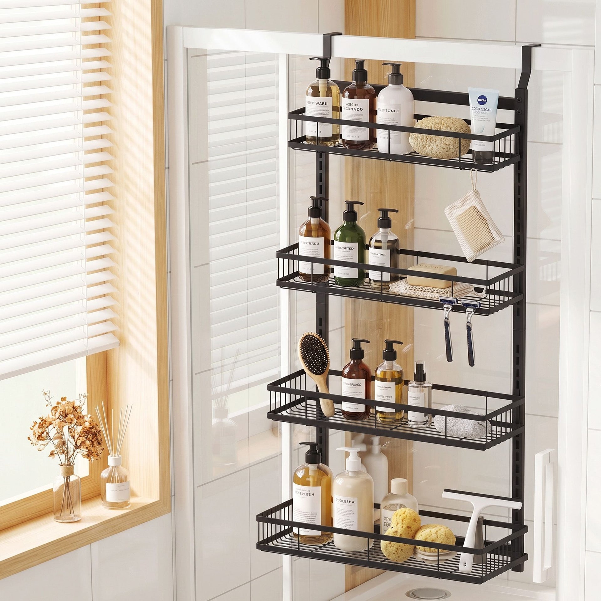 Artiss Over Door Bathroom Rack Hanging Organiser 4 Tier No Drill 91cm Black Awezingly