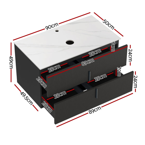 Cefito Vanity Unit 900mm Bathroom Cabinet Storage Wall Hung Black Timber Front Awezingly