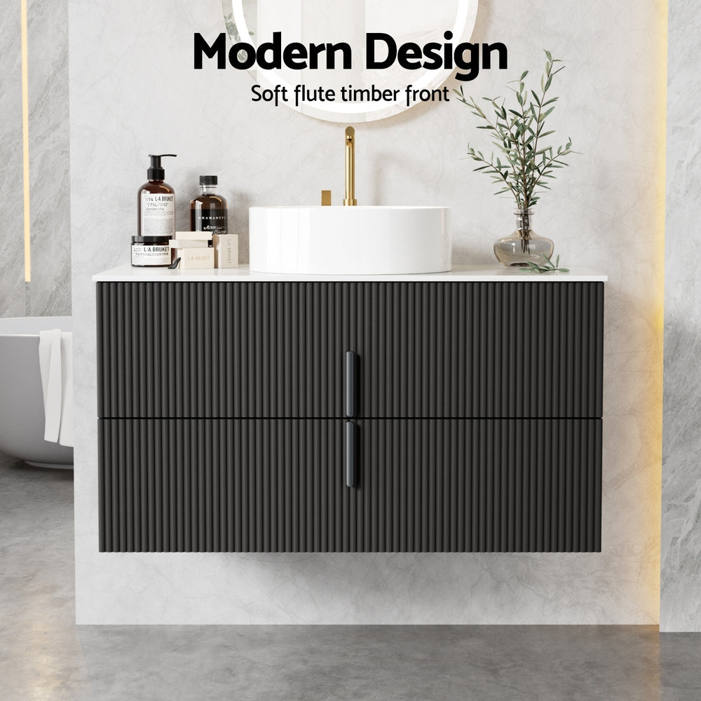 Cefito Vanity Unit 900mm Bathroom Cabinet Storage Wall Hung Black Timber Front Awezingly