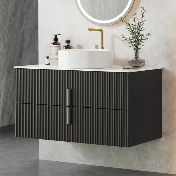 Cefito Vanity Unit 900mm Bathroom Cabinet Storage Wall Hung Black Timber Front Awezingly