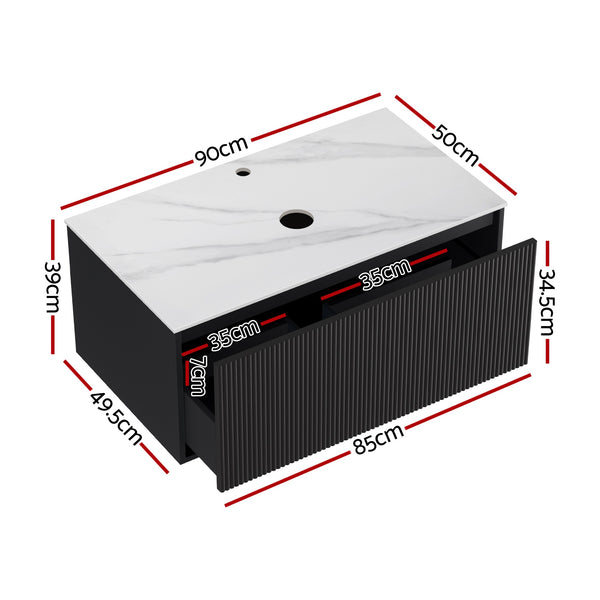 Cefito Vanity Unit 900mm Bathroom Cabinet Storage Wall Hung Grooved Timber Black Awezingly