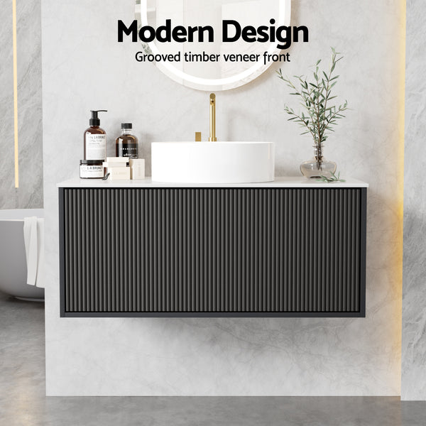 Cefito Vanity Unit 900mm Bathroom Cabinet Storage Wall Hung Grooved Timber Black Awezingly