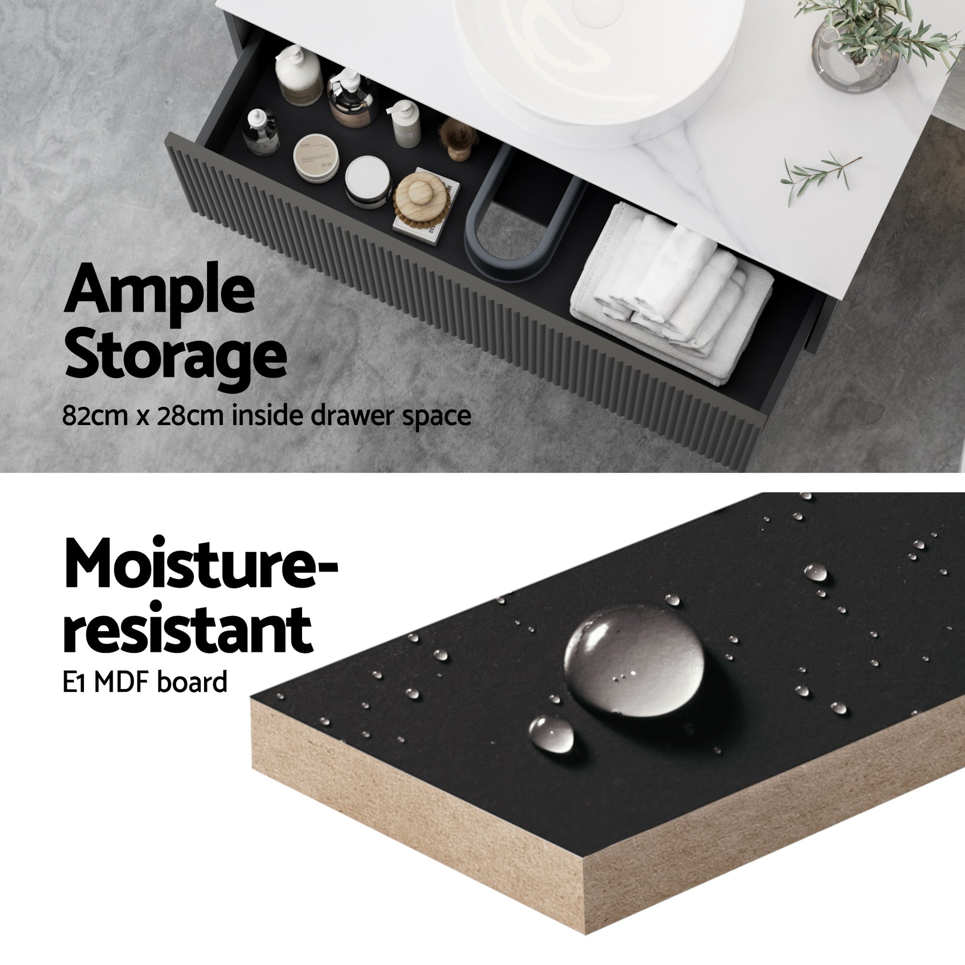 Cefito Vanity Unit 900mm Bathroom Cabinet Storage Wall Hung Grooved Timber Black Awezingly