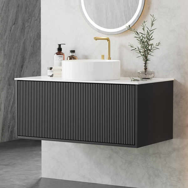 Cefito Vanity Unit 900mm Bathroom Cabinet Storage Wall Hung Grooved Timber Black Awezingly
