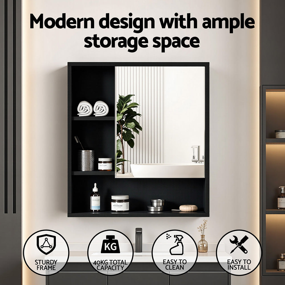 Cefito Bathroom Mirror Cabinet Mirrored Medicine Adjustable Shelf Wall Mounted 560mm Black Awezingly