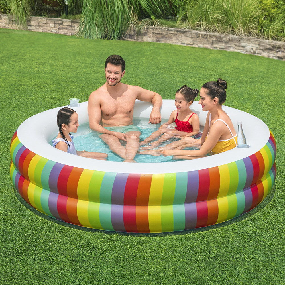 Bestway Kids Inflatable Round Pool Above Ground Cup Holder Rainbow 206x206x51cm Bestway