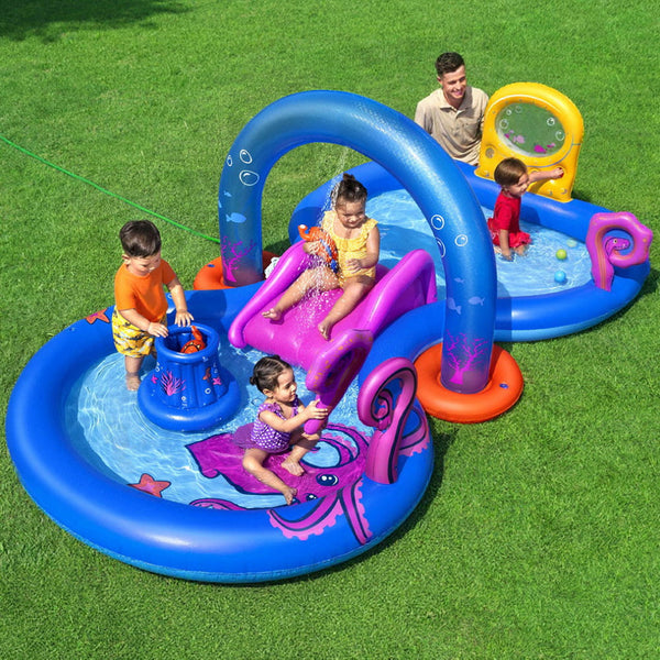 Bestway Kids Inflatable Play Splash Pool with Slide Ball Tossing Toys Coral Basket Awezingly