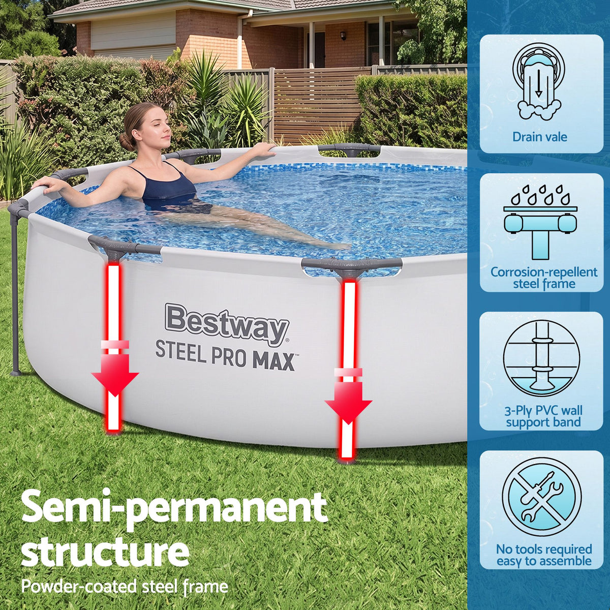 Bestway 305CM Swimming Pools Steel Above Ground Round Backyard Pool Set White Awezingly