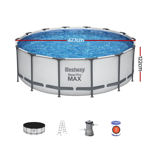 Bestway Swimming Pool 427x427x122cm Steel Frame Above Ground Pools Round Filter Pump Ladder Awezingly