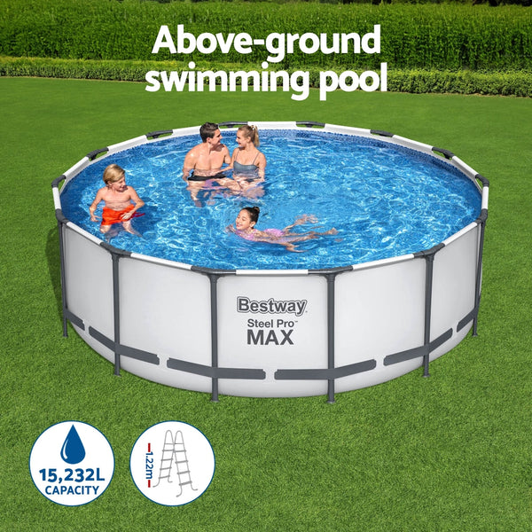 Bestway Swimming Pool 427x427x122cm Steel Frame Above Ground Pools Round Filter Pump Ladder Awezingly