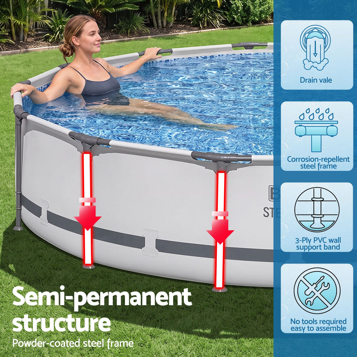 Bestway 427CM Swimming Pools Steel Above Ground Round Backyard Pool Set White Awezingly