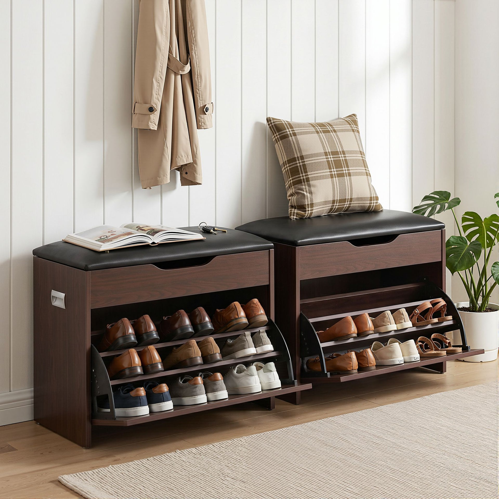Artiss 2x Shoe Bench Set Flip Drawer Walnut Awezingly