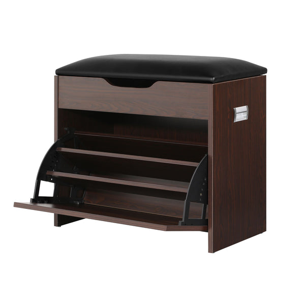 Artiss 2x Shoe Bench Set Flip Drawer Walnut Awezingly