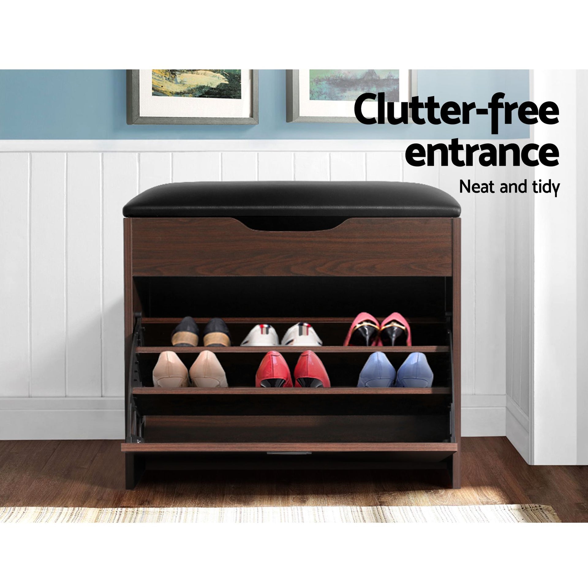 Artiss 2x Shoe Bench Set Flip Drawer Walnut Awezingly