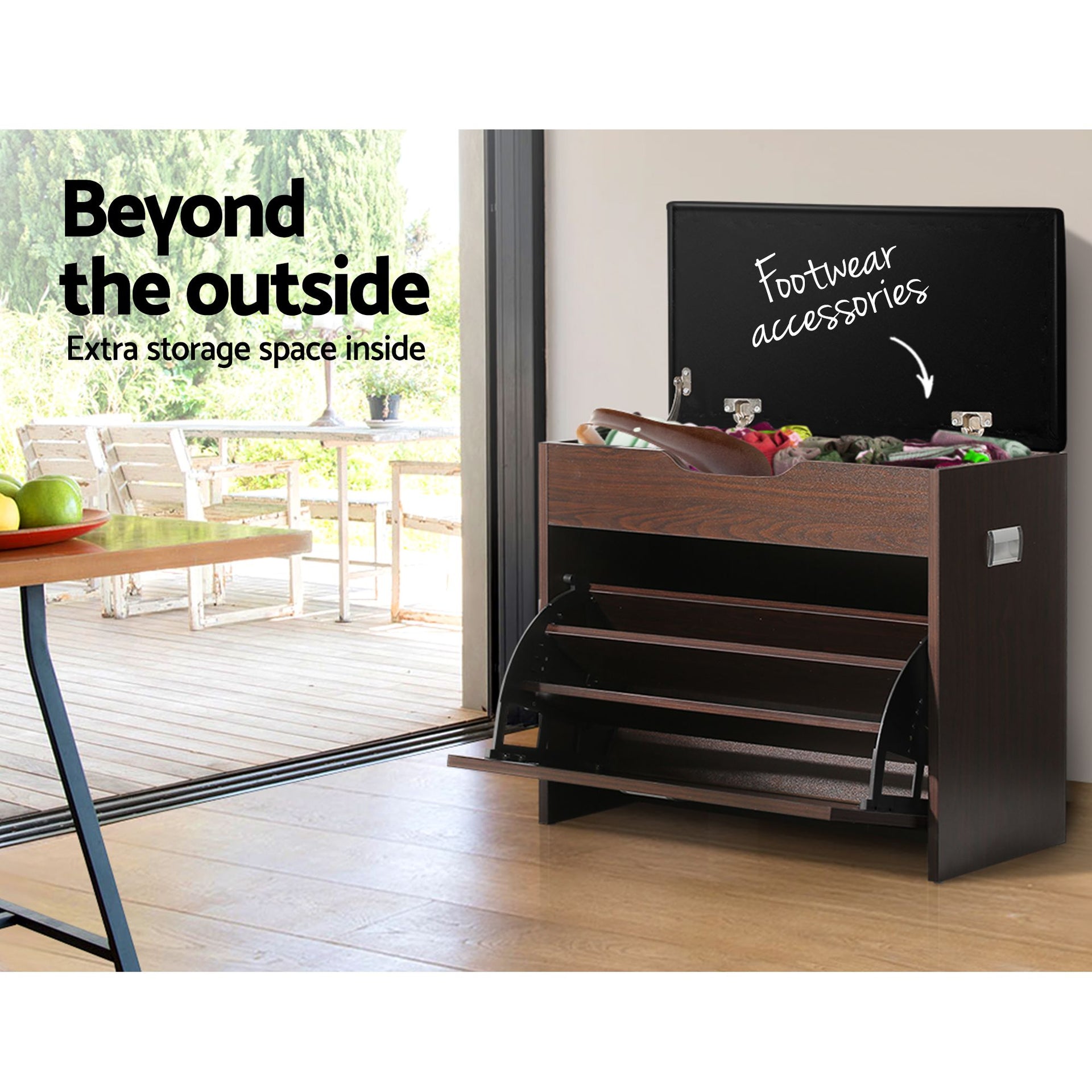 Artiss 2x Shoe Bench Set Flip Drawer Walnut Awezingly