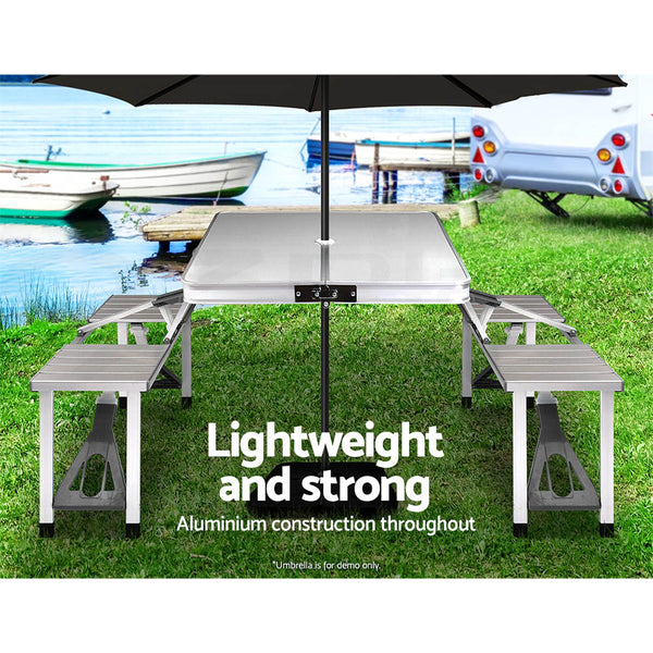 Weisshorn Folding Camping Table Outdoor Picnic BBQ With 2 Bench Chairs Set Awezingly