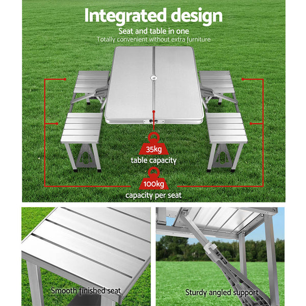 Weisshorn Folding Camping Table Outdoor Picnic BBQ With 2 Bench Chairs Set Awezingly