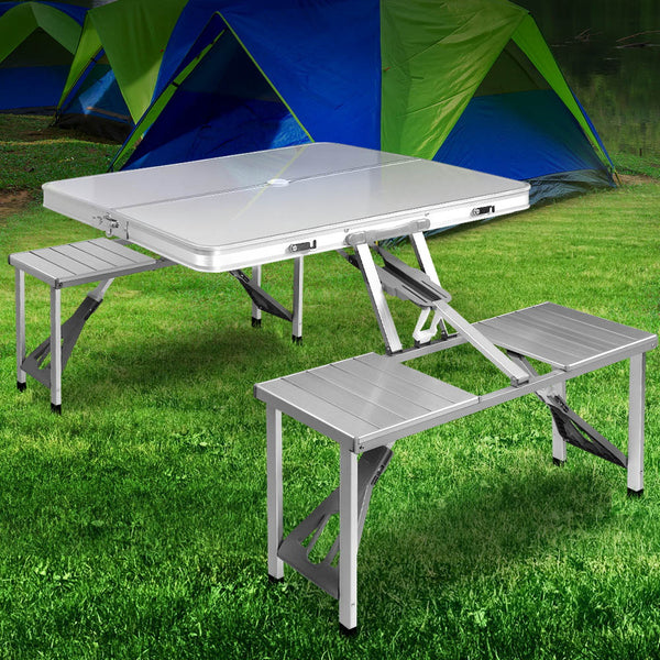 Weisshorn Folding Camping Table Outdoor Picnic BBQ With 2 Bench Chairs Set Awezingly