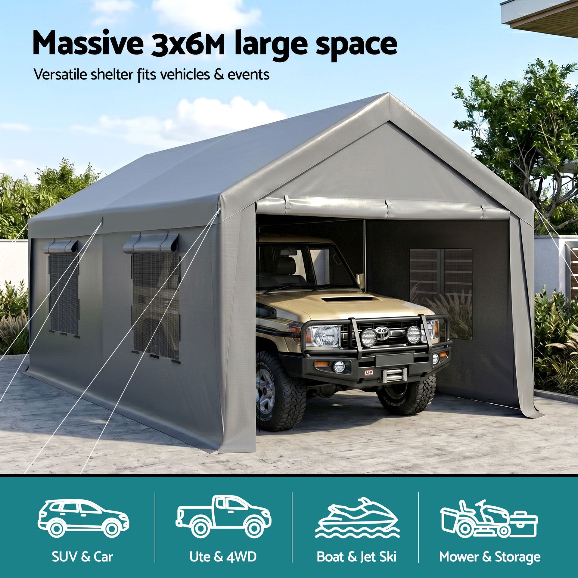 Instahut 3x6m Carports Canopy Tent Portable Garage Outdoor Steel Shelter Grey Instahut