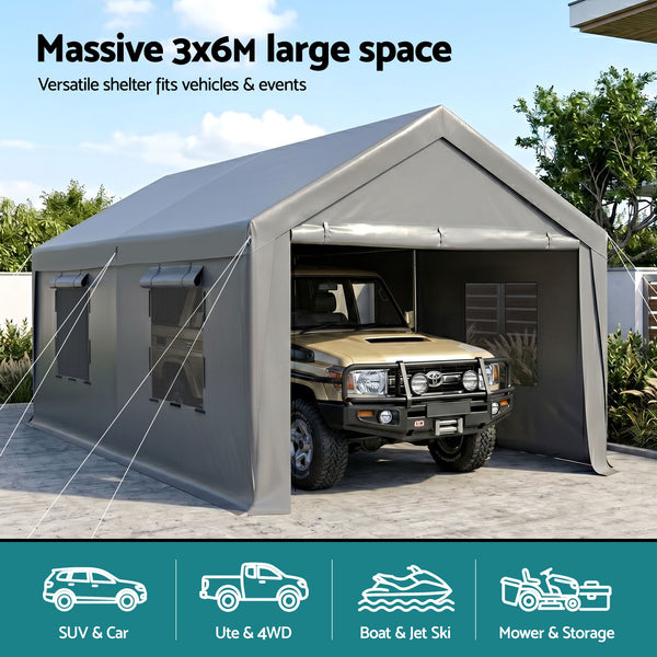 Instahut 3x6m Carports Canopy Tent Portable Garage Outdoor Steel Shelter Grey Instahut