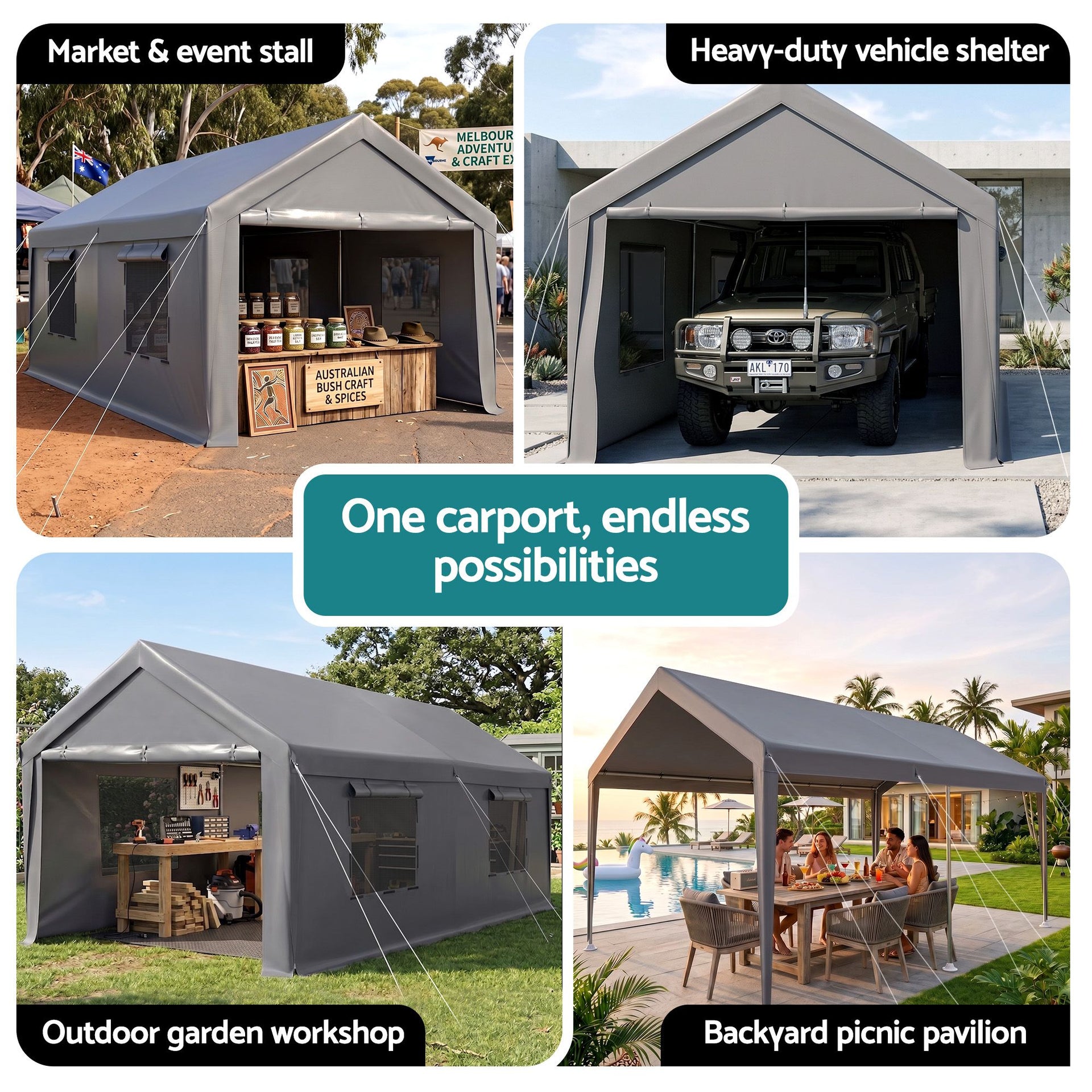 Instahut 3x6m Carports Canopy Tent Portable Garage Outdoor Steel Shelter Grey Awezingly