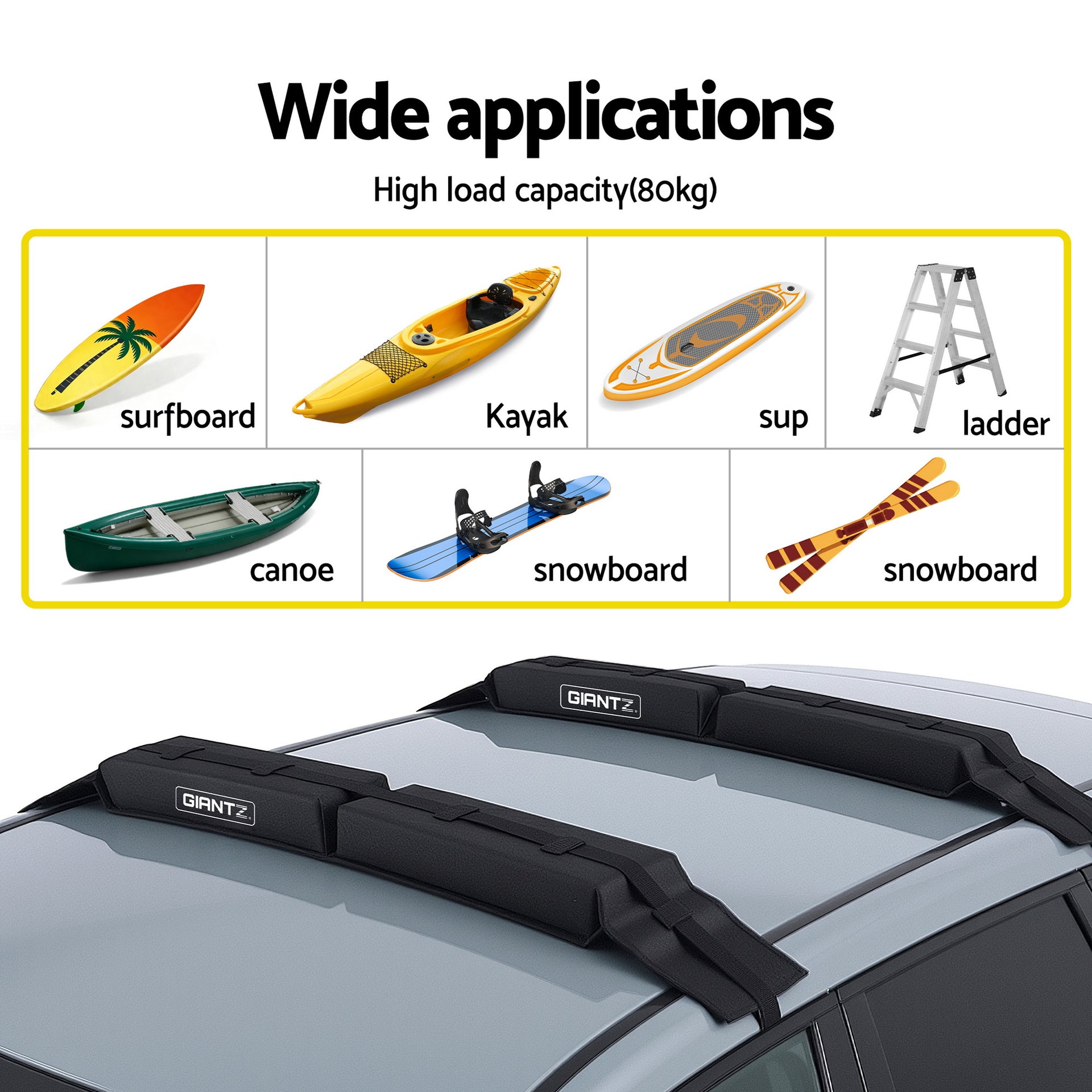 GIANTZ Kayak Roof Rack for Car, Universal Soft Roof Rack Pads for Surfboard SUP Canoe, Roof Bars for SUV Sedan without Side Rails, Portable Cross Bars with 4.5m Tie Down Straps & Ropes, 80kg Capacity Awezingly