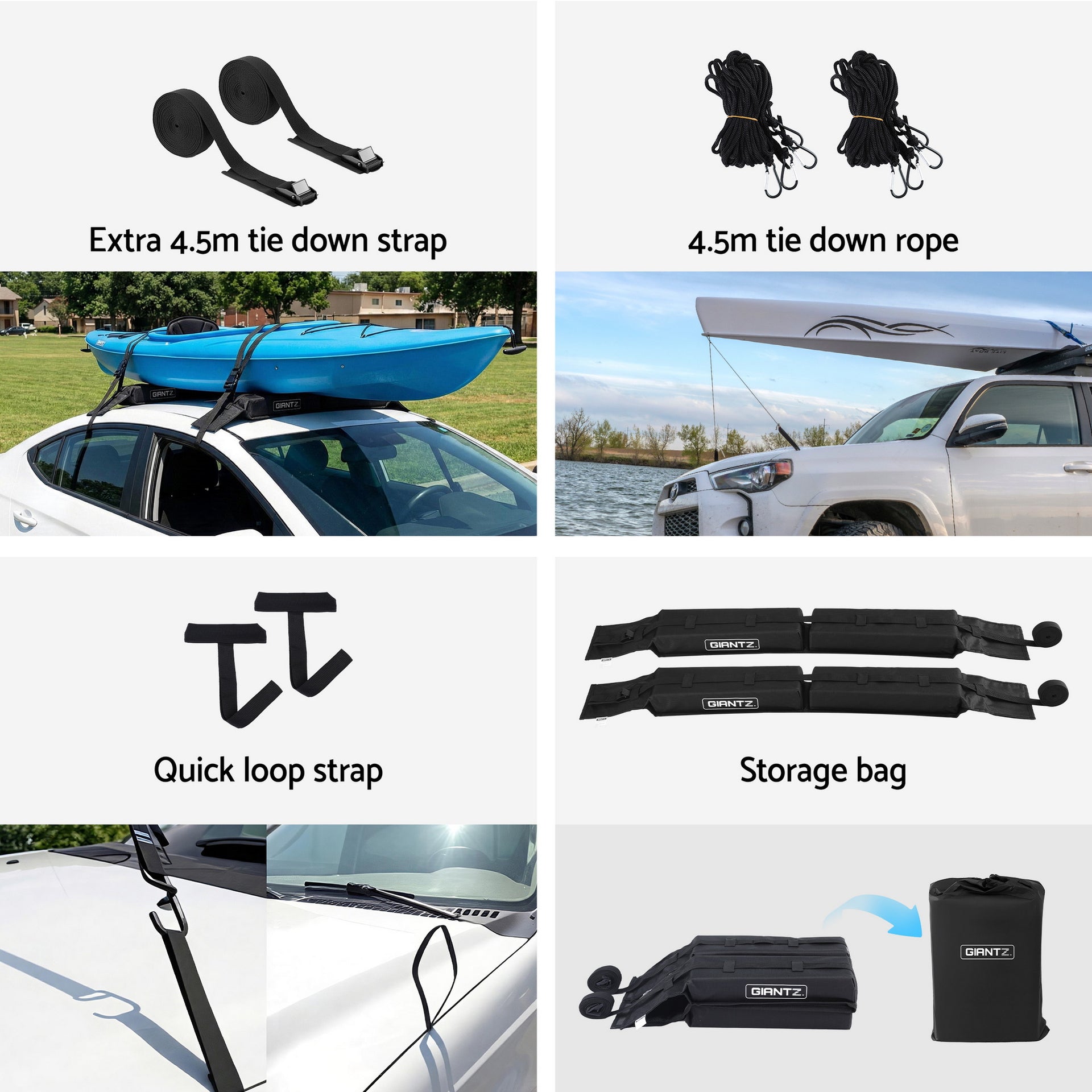 GIANTZ Kayak Roof Rack for Car, Universal Soft Roof Rack Pads for Surfboard SUP Canoe, Roof Bars for SUV Sedan without Side Rails, Portable Cross Bars with 4.5m Tie Down Straps & Ropes, 80kg Capacity Awezingly