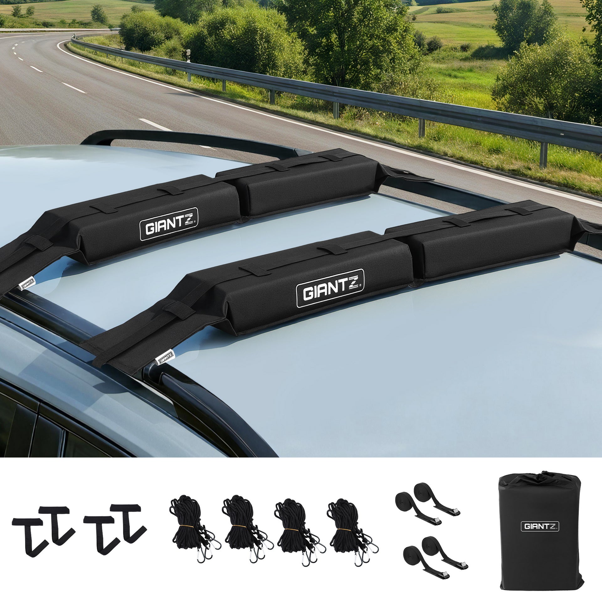 GIANTZ Kayak Roof Rack for Car, Universal Soft Roof Rack Pads for Surfboard SUP Canoe, Roof Bars for SUV Sedan without Side Rails, Portable Cross Bars with 4.5m Tie Down Straps & Ropes, 80kg Capacity Awezingly