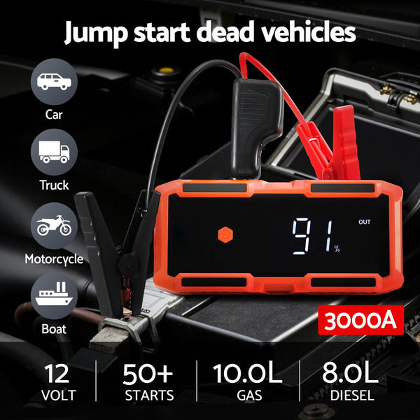 Giantz 3000A Portable Car Jump Starter 12V Lithium Battery Booster Pack Power Bank & Jumper Cables Awezingly