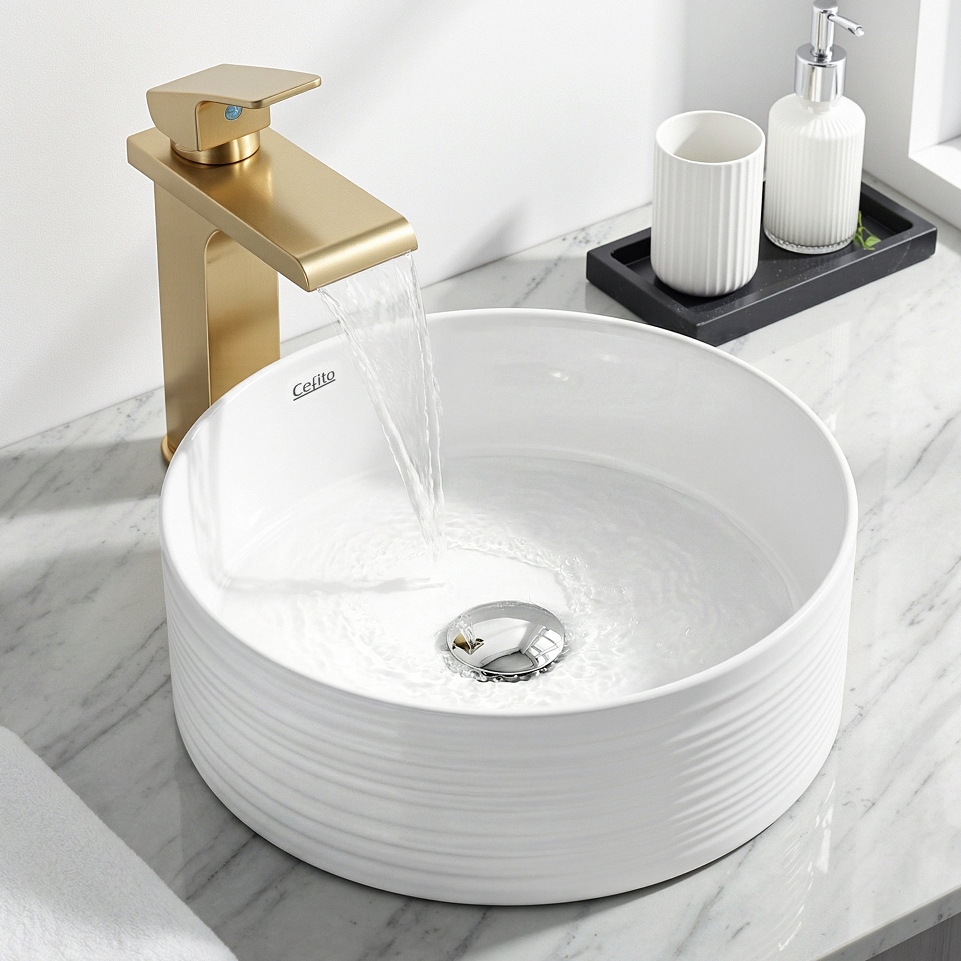 Cefito Bathroom Basin Vanity Sink Vessel Ceramic White Round Countertop 36cm Awezingly