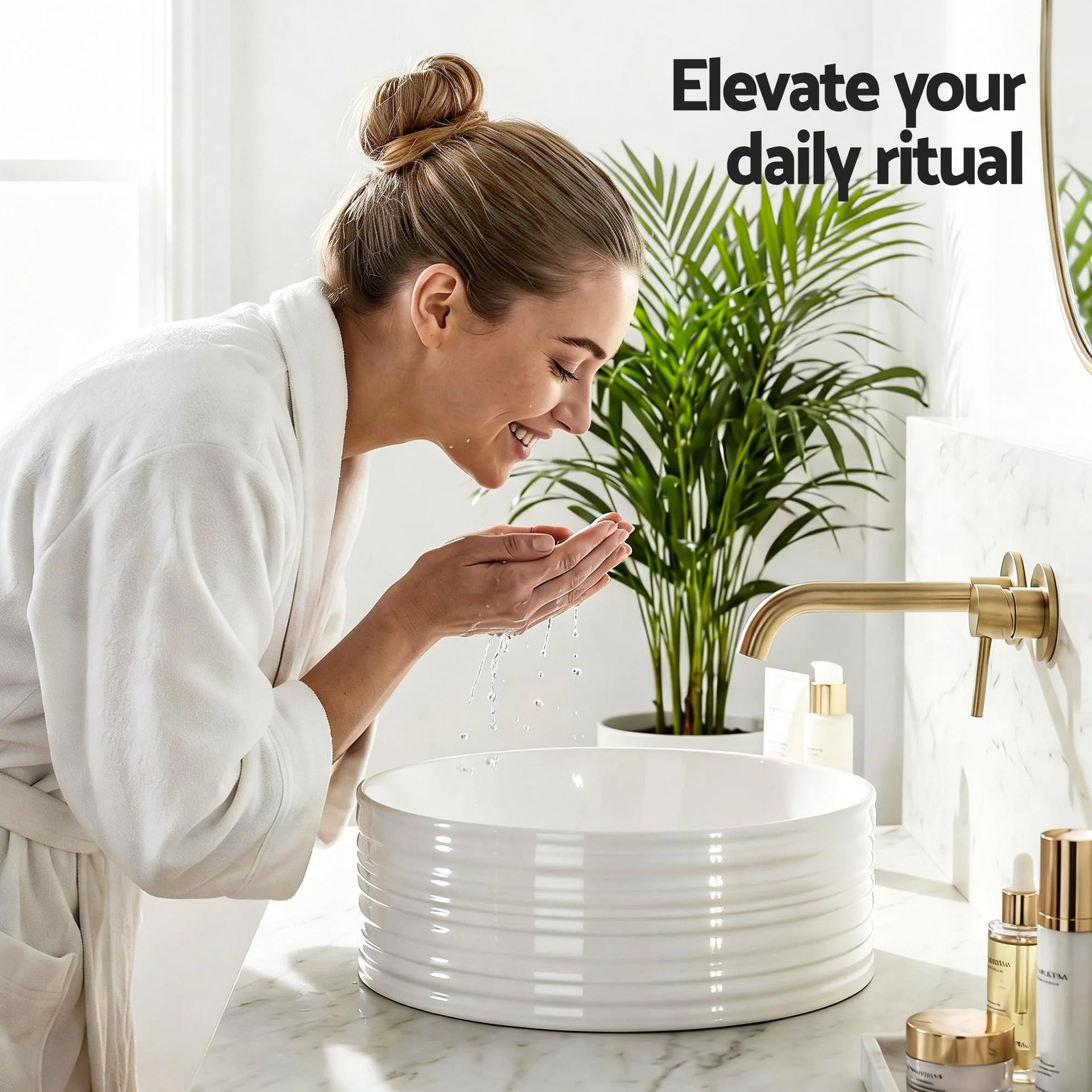 Cefito Bathroom Basin Vanity Sink Vessel Ceramic White Round Countertop 36cm Awezingly