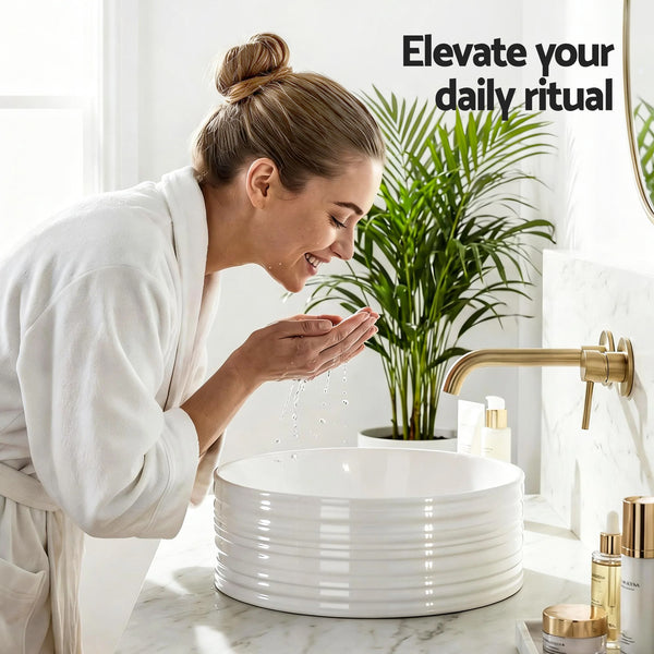 Cefito Bathroom Basin Vanity Sink Vessel Ceramic White Round Countertop 36cm Awezingly