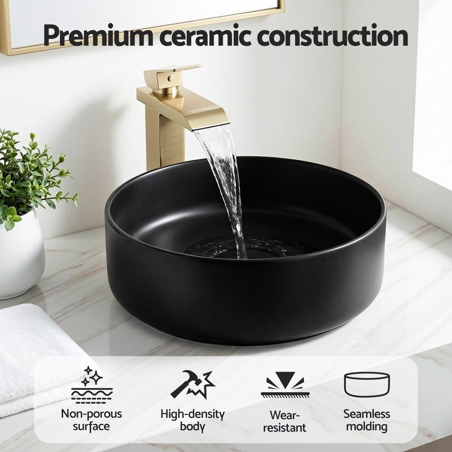Cefito Bathroom Basin Ceramic Vanity Sink Vessel Bowl Wash Matte Black Round Countertop Awezingly