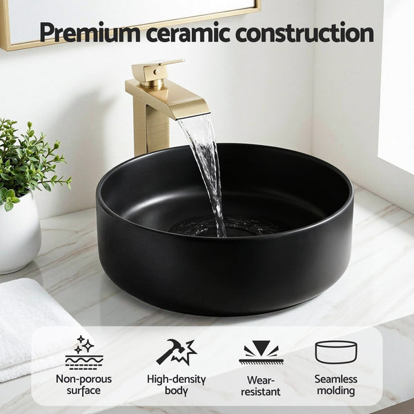 Cefito Bathroom Basin Ceramic Vanity Sink Vessel Bowl Wash Matte Black Round Countertop Awezingly