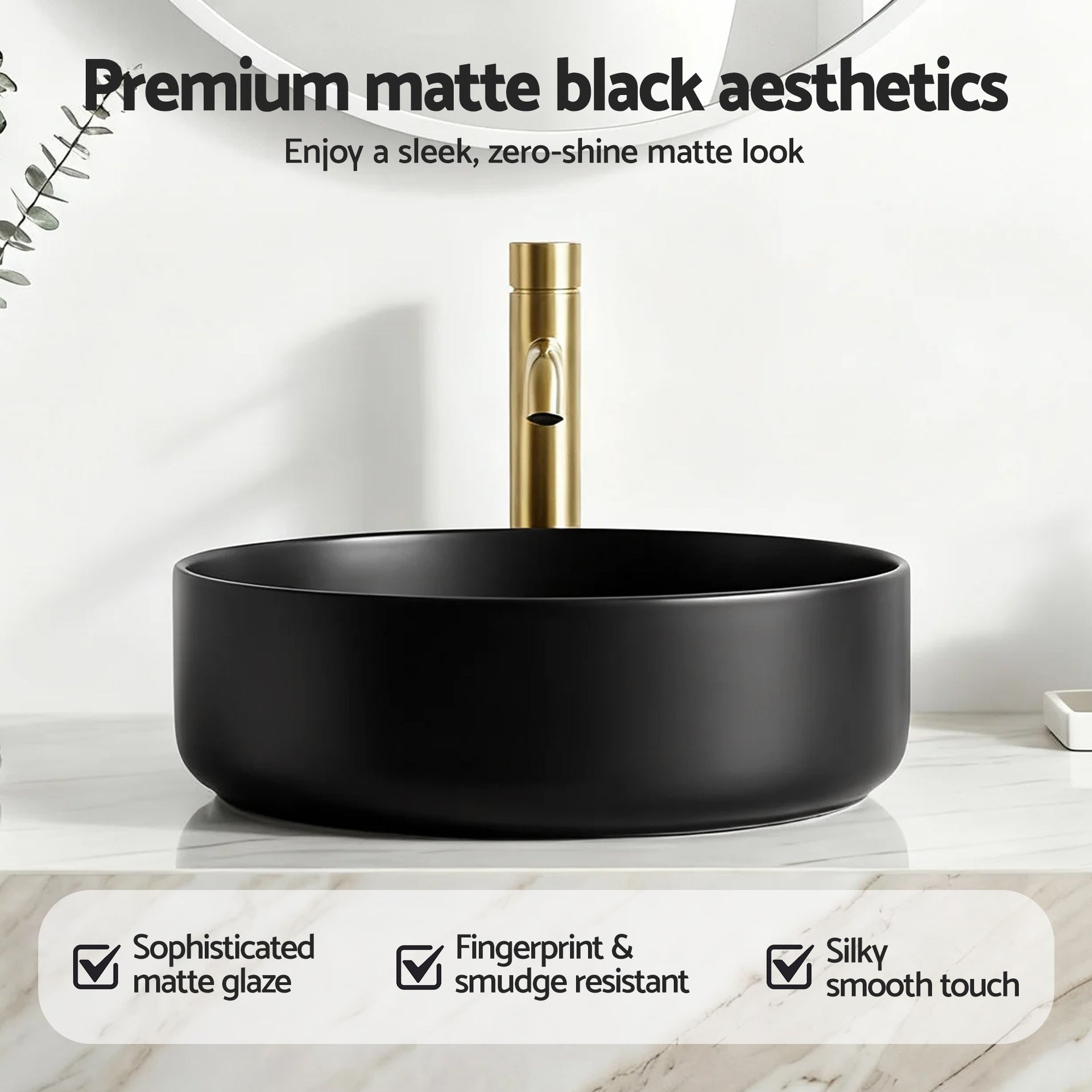 Cefito Bathroom Basin Ceramic Vanity Sink Vessel Bowl Wash Matte Black Round Countertop Awezingly
