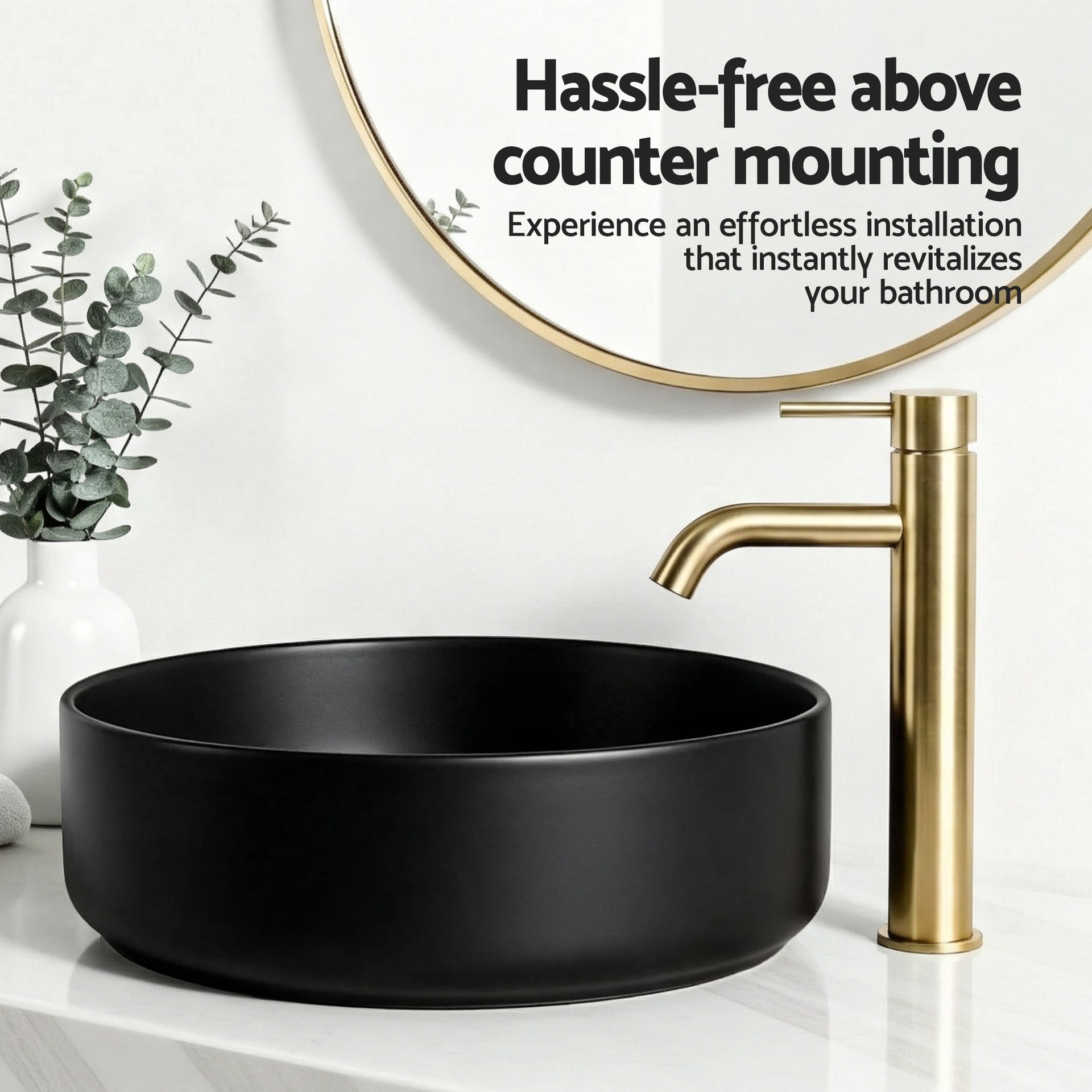 Cefito Bathroom Basin Ceramic Vanity Sink Vessel Bowl Wash Matte Black Round Countertop Awezingly