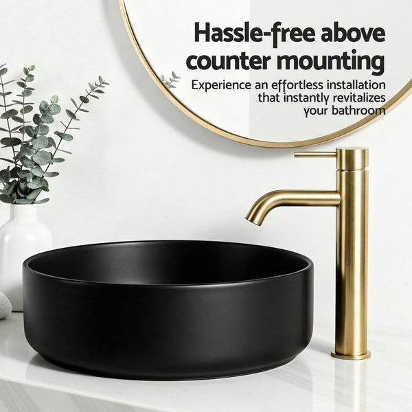 Cefito Bathroom Basin Ceramic Vanity Sink Vessel Bowl Wash Matte Black Round Countertop Awezingly