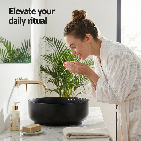 Cefito Bathroom Basin Ceramic Vanity Sink Vessel Bowl Wash Matte Black Round Countertop Awezingly