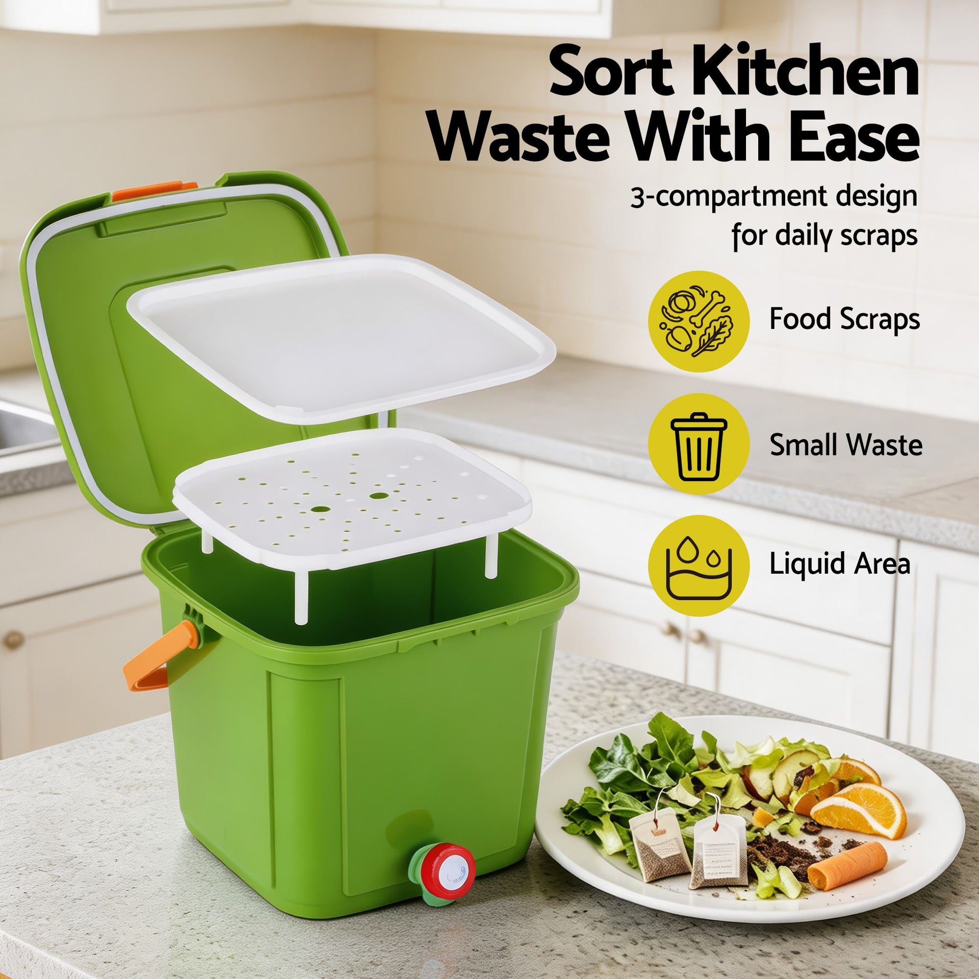 Gardeon 15L Kitchen Compost Bin Food Waste Caddy Drain Tap Green Gardeon