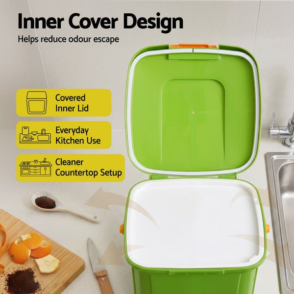 Gardeon 15L Kitchen Compost Bin Food Waste Caddy Drain Tap Green Gardeon