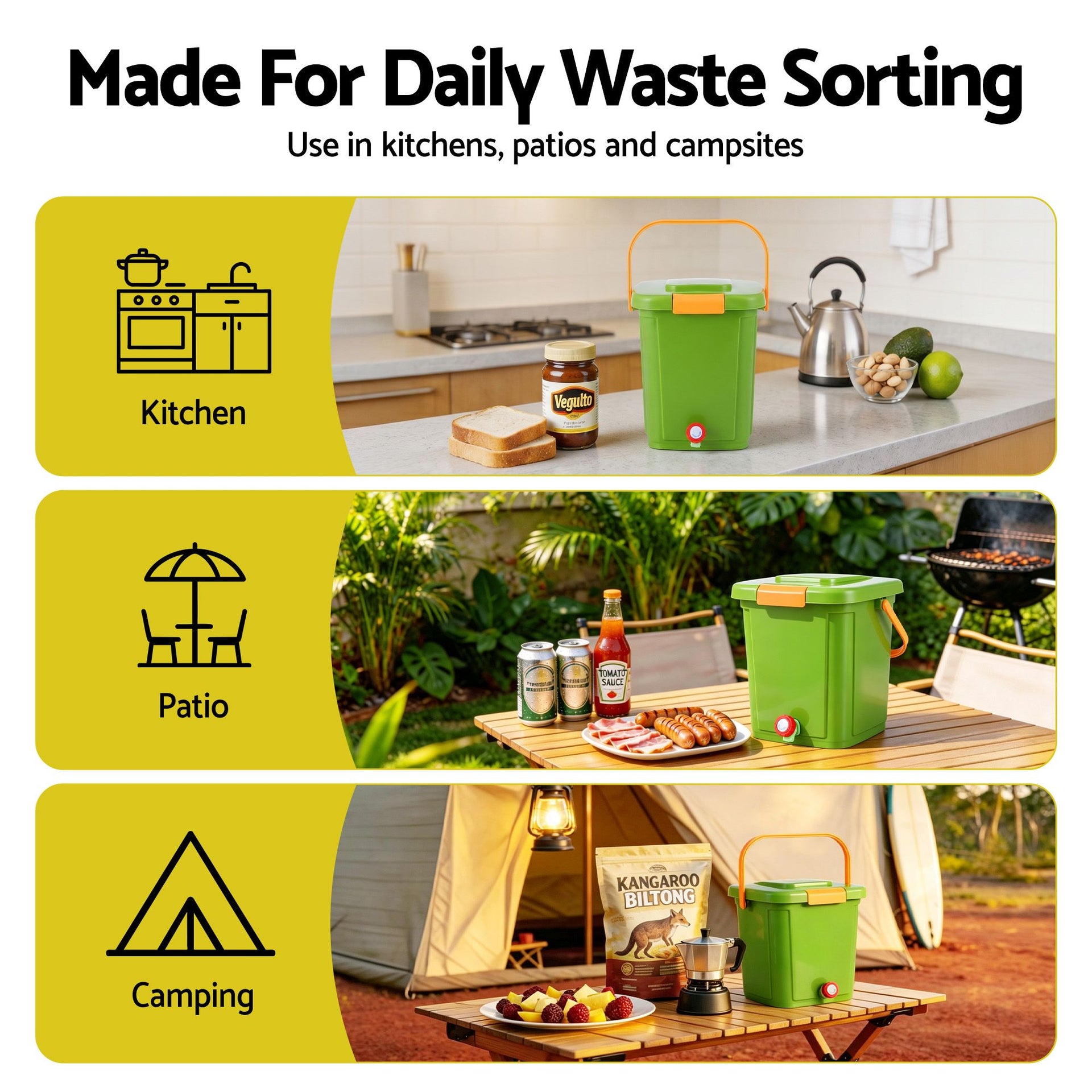 Gardeon 15L Kitchen Compost Bin Food Waste Caddy Drain Tap Green Gardeon
