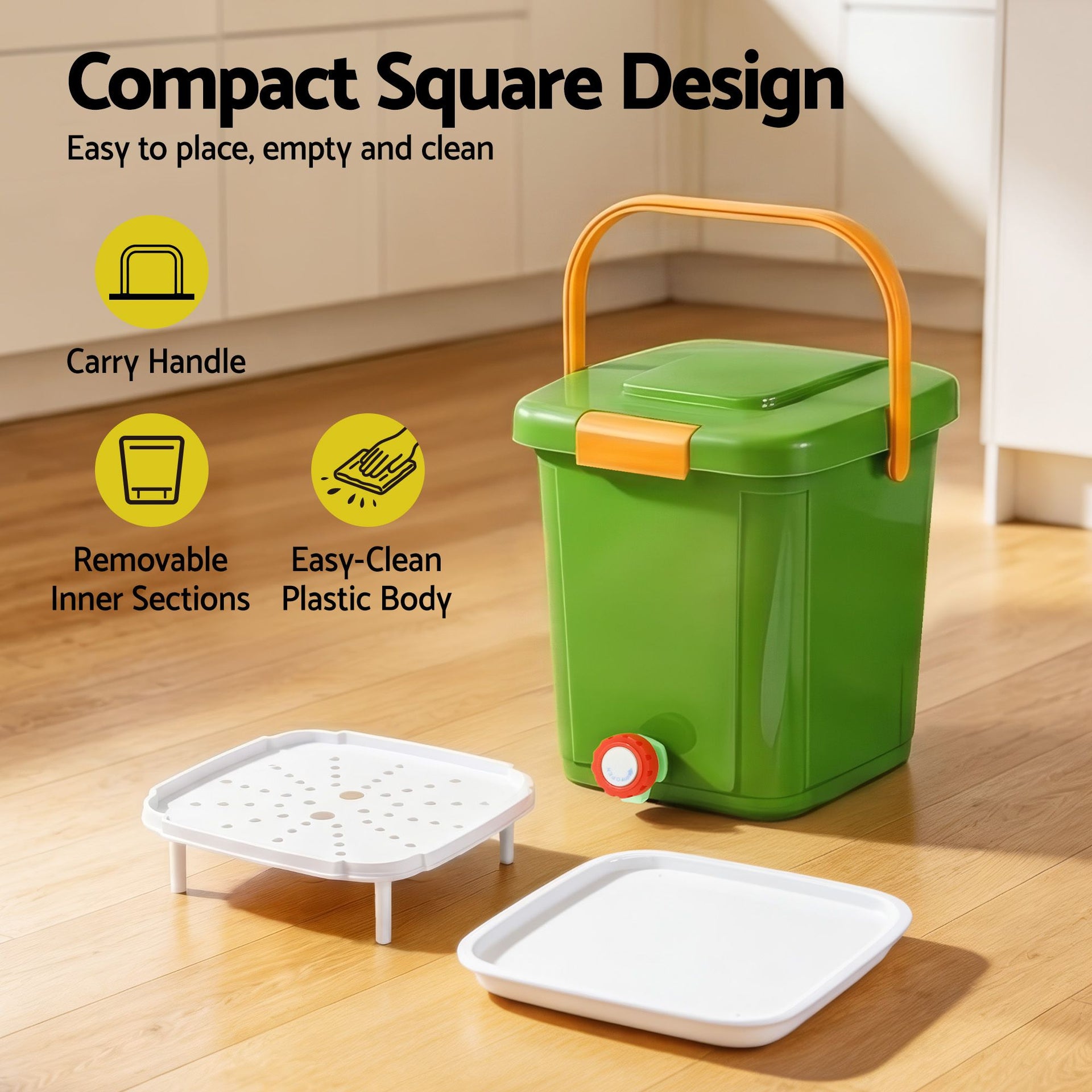 Gardeon 15L Kitchen Compost Bin Food Waste Caddy Drain Tap Green Gardeon