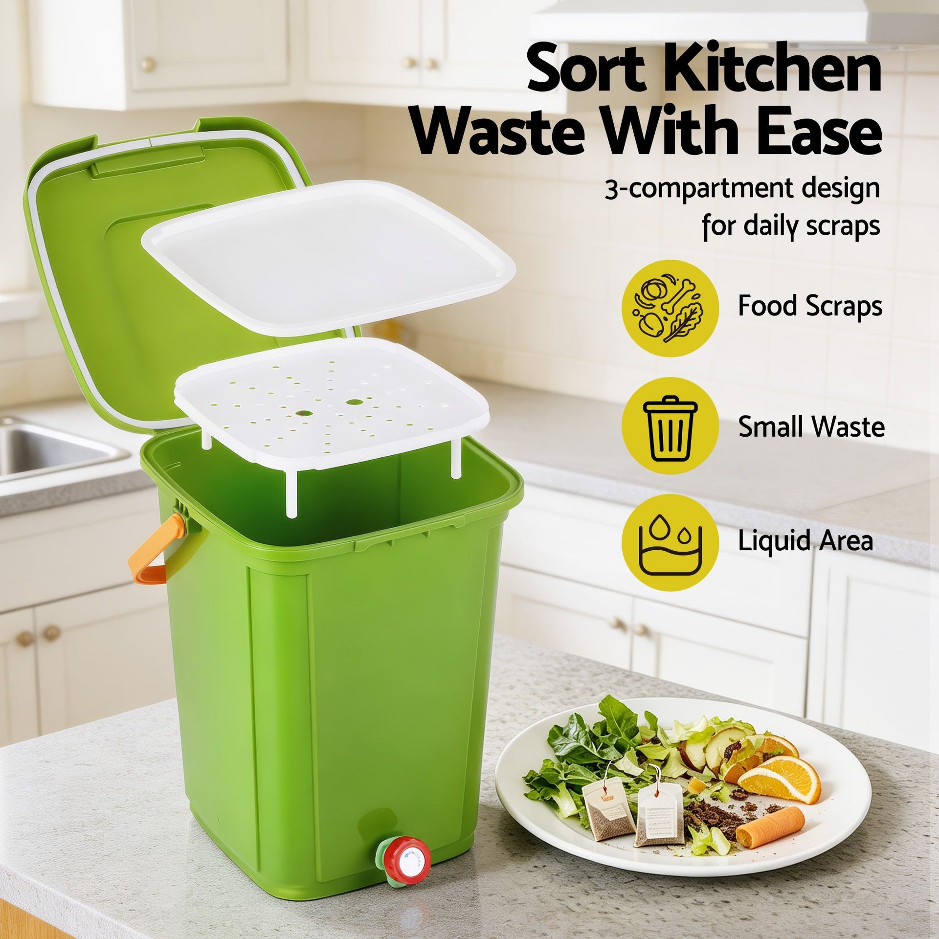 Gardeon 20L Kitchen Compost Bin Food Waste Caddy Drain Tap Green Gardeon