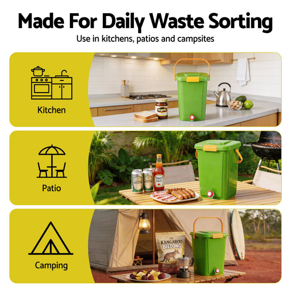 Gardeon 20L Kitchen Compost Bin Food Waste Caddy Drain Tap Green Gardeon