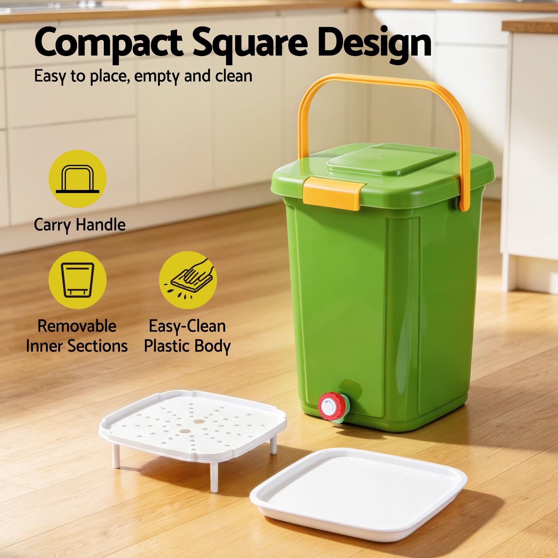 Gardeon 20L Kitchen Compost Bin Food Waste Caddy Drain Tap Green Gardeon