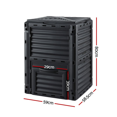 Gardeon Compost Bin 300L Heavy-Duty Black Outdoor Composter with Top Lid Bottom Door