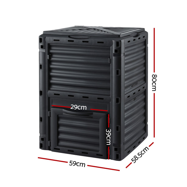 Gardeon Compost Bin 300L Heavy-Duty Black Outdoor Composter with Top Lid Bottom Door Awezingly
