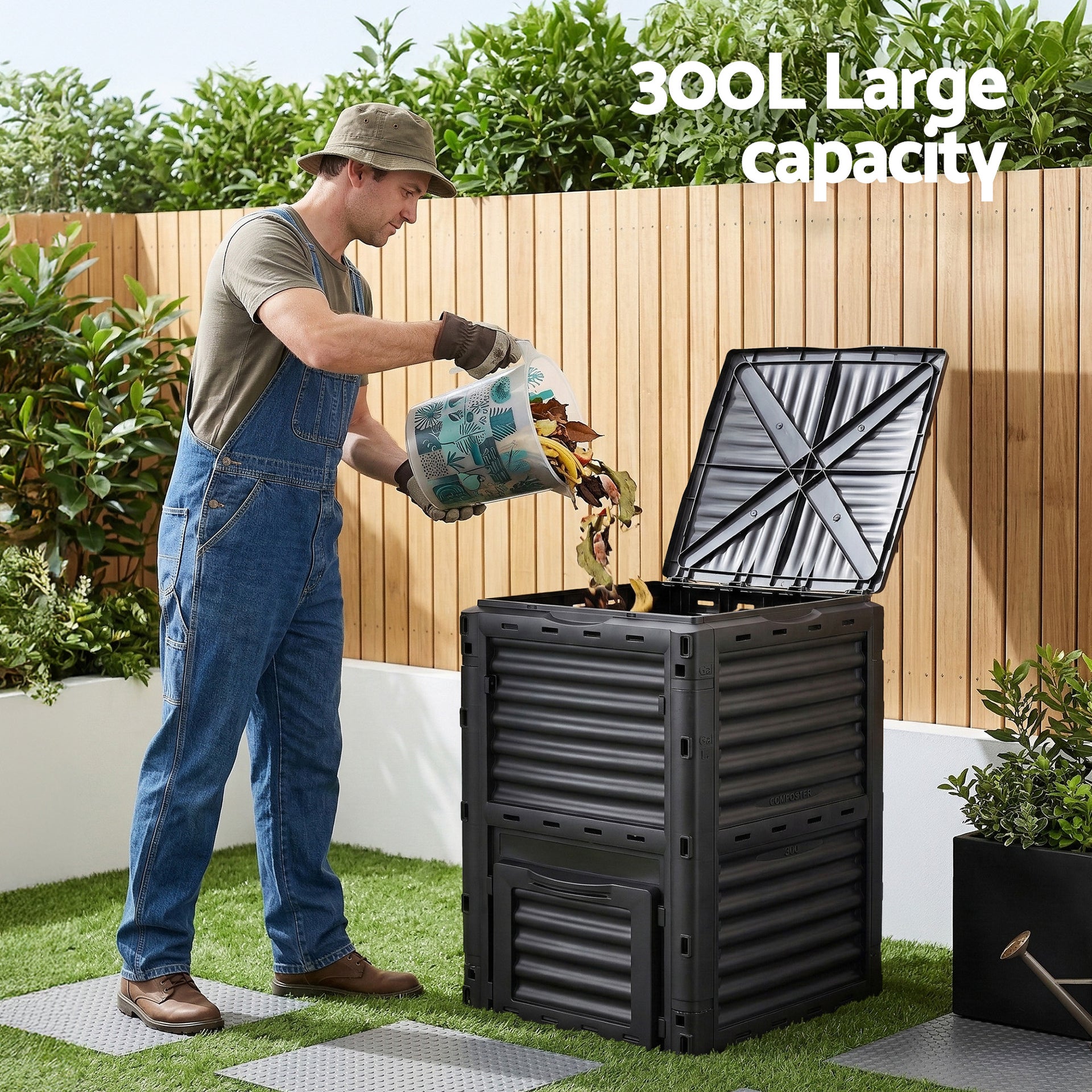 Gardeon Compost Bin 300L Heavy-Duty Black Outdoor Composter with Top Lid Bottom Door Awezingly